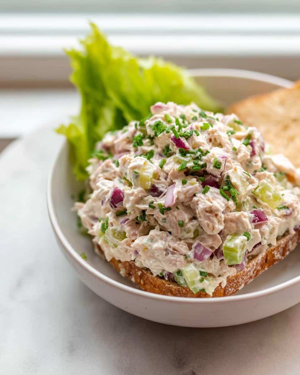 A generous serving of creamy Low Carb Tuna Salad topped with chives, served on toast with lettuce.