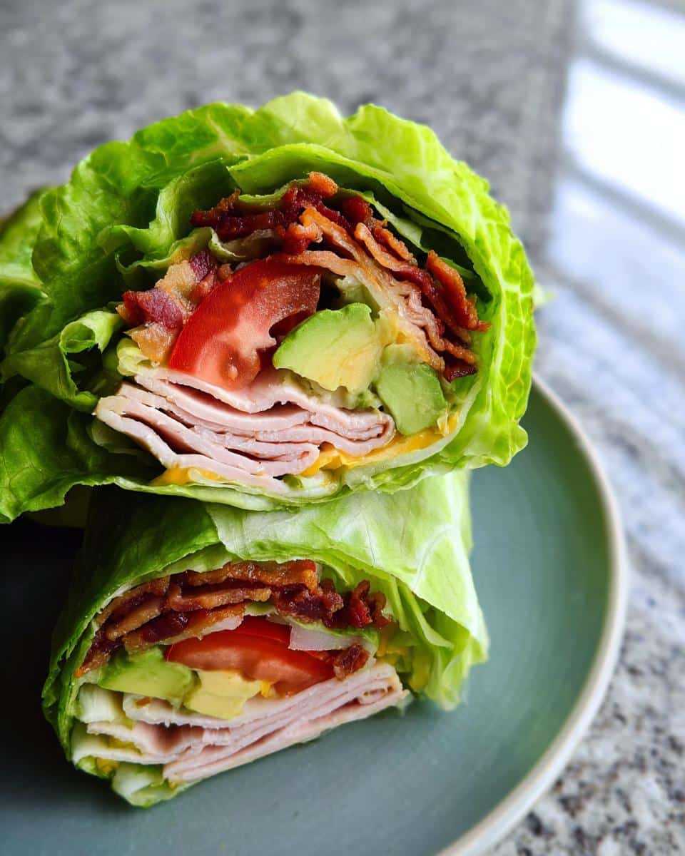 Two halves of Low Carb Turkey Roll Ups wrapped in crisp lettuce, filled with turkey, bacon, avocado, and tomato.