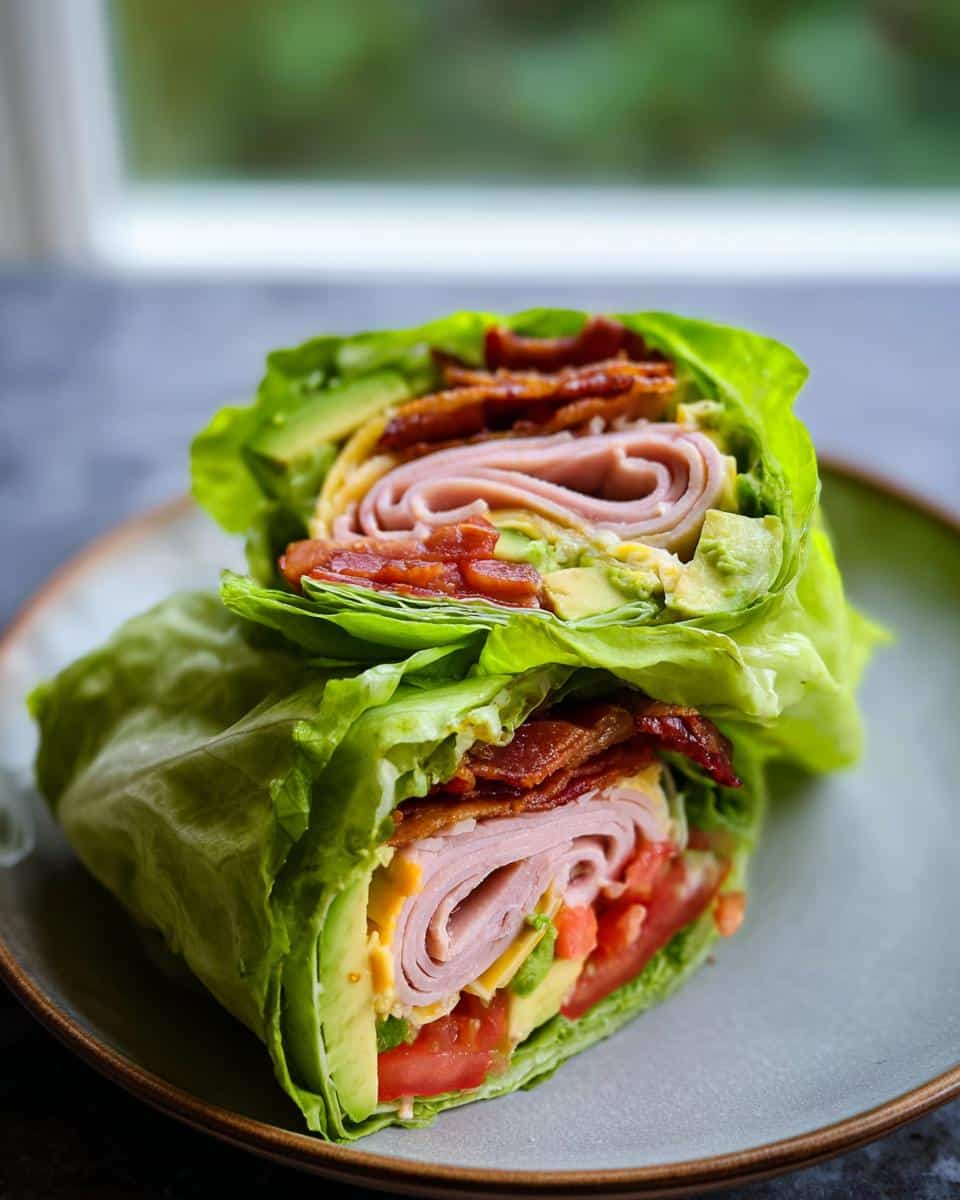Cross-section of two Low Carb Turkey Roll Ups wrapped tightly in crisp lettuce leaves, showing layers of turkey, bacon, avocado, and tomato.