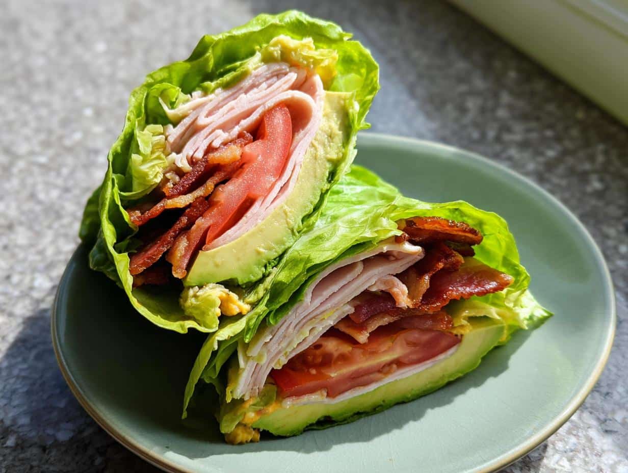 Two halves of Low Carb Turkey Roll Ups filled with turkey, bacon, tomato, and avocado, wrapped tightly in crisp lettuce leaves.