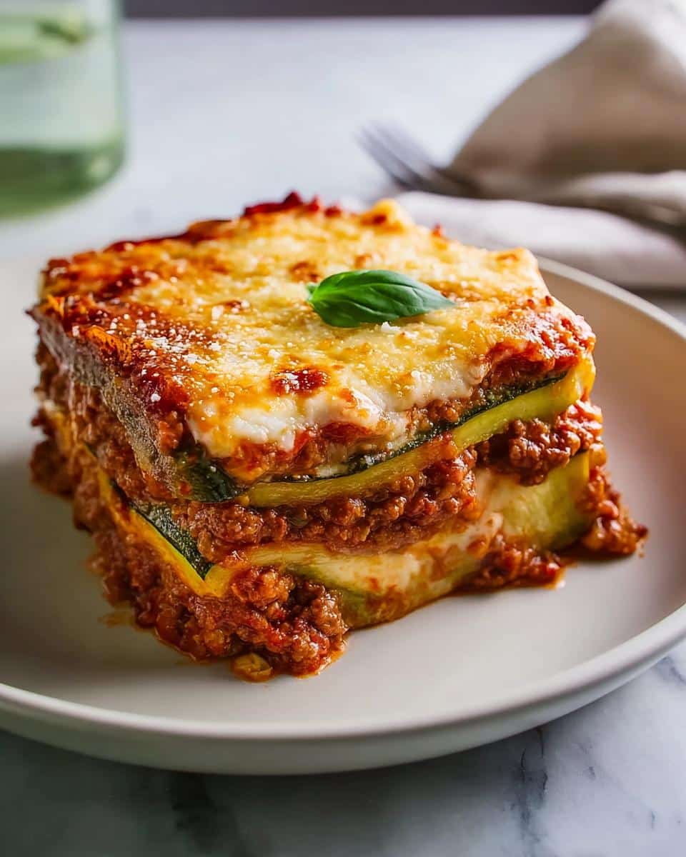 A thick, layered slice of Low Carb Zucchini Lasagna topped with melted cheese and a basil leaf.