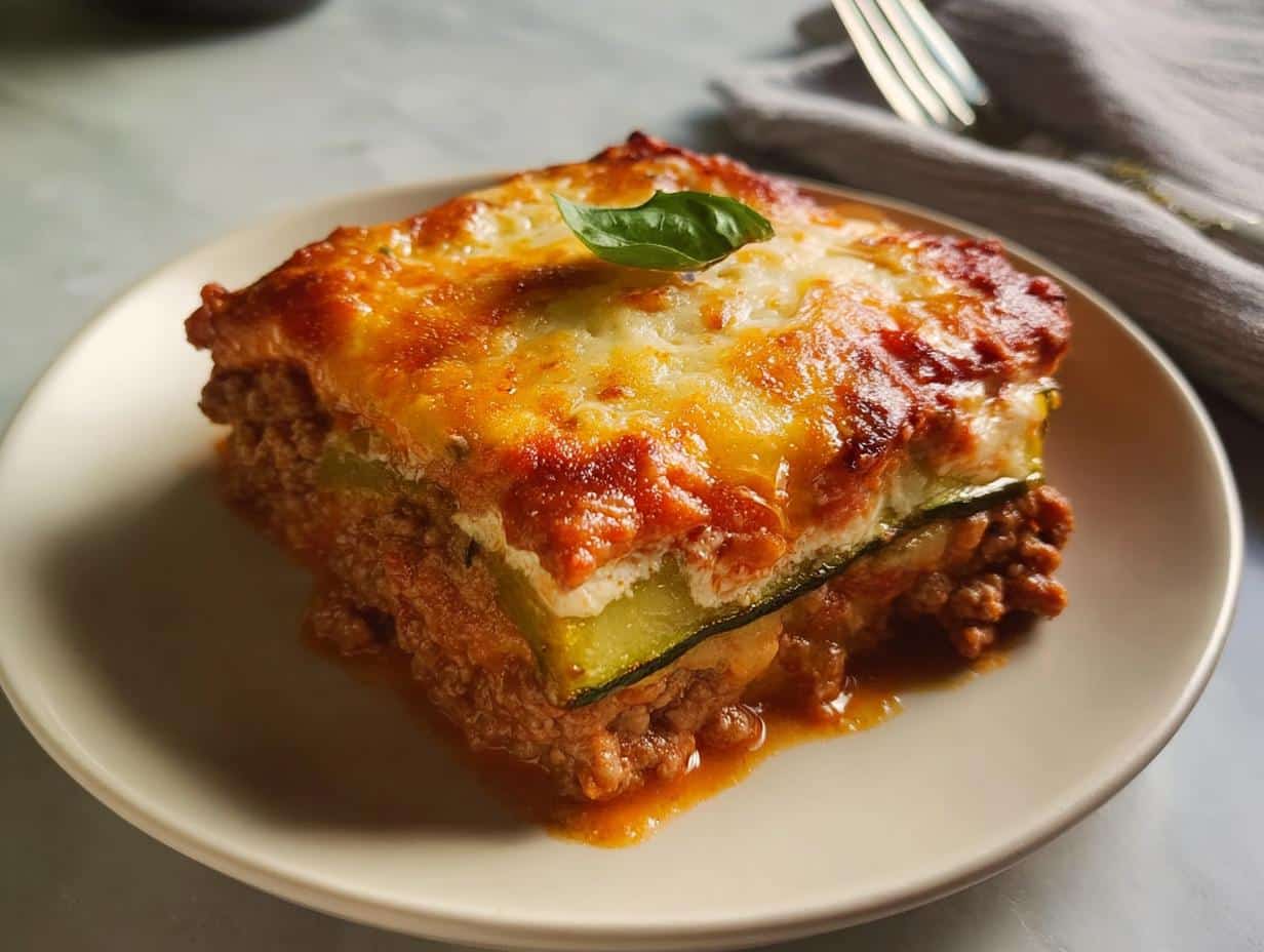 A single serving slice of Low Carb Zucchini Lasagna featuring layers of meat sauce, zucchini, and bubbly melted cheese topping.