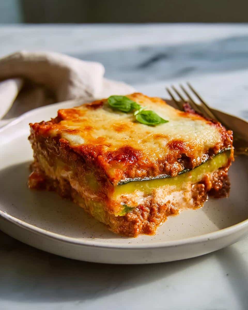 A perfect square slice of Low Carb Zucchini Lasagna, showing layers of zucchini, meat sauce, and melted cheese topping.