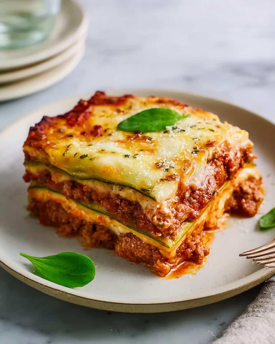 A thick slice of Low Carb Zucchini Lasagna layered with meat sauce and melted cheese, garnished with basil.