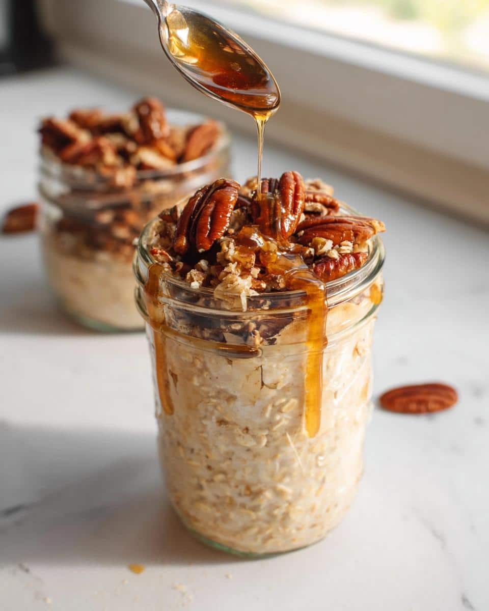 A spoonful of syrup is drizzled over a jar of Maple Pecan Overnight Oats topped with whole pecans.