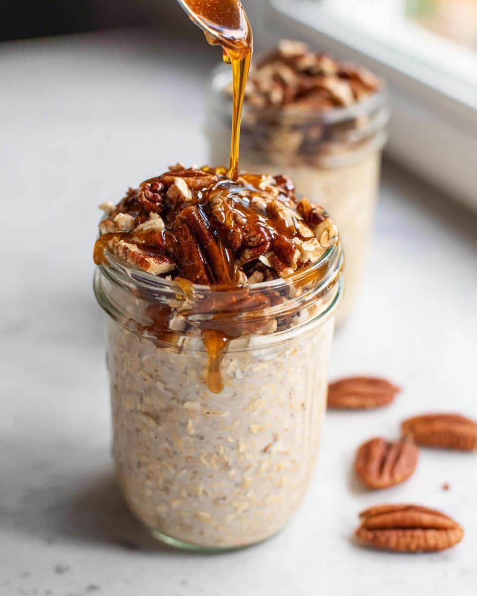 A spoonful of syrup is drizzled over Maple Pecan Overnight Oats topped with chopped pecans in a glass jar.