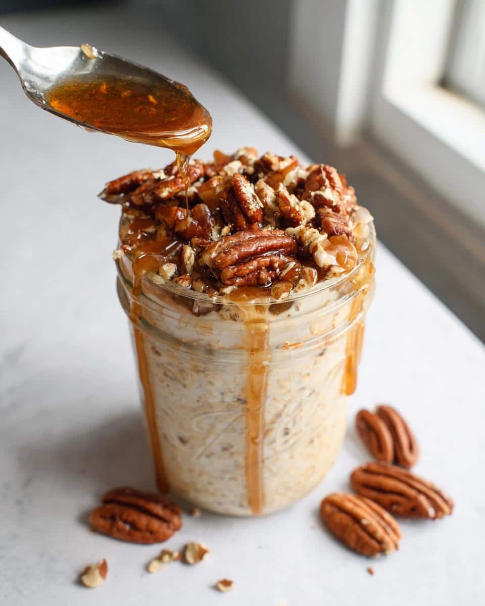 A spoon drizzles syrup over a jar of Maple Pecan Overnight Oats topped with whole pecans.
