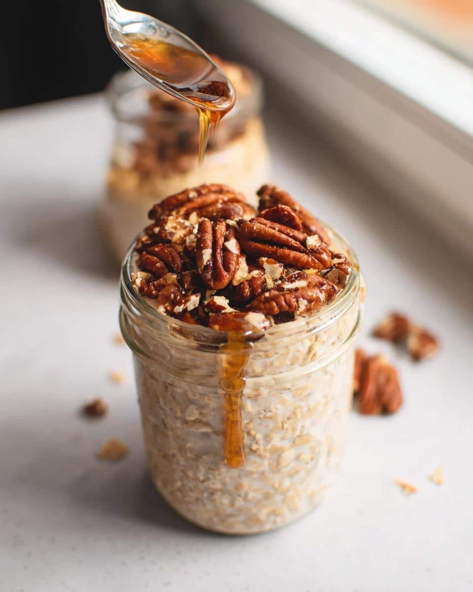A spoon pours syrup over a jar of Maple Pecan Overnight Oats topped with whole pecans.