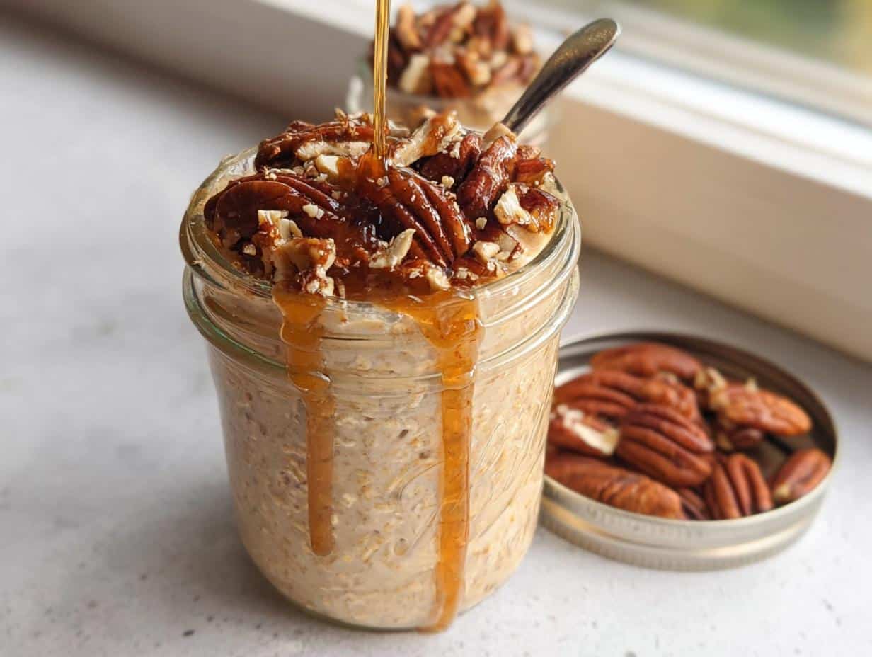 A jar of Maple Pecan Overnight Oats topped with pecans and drizzled with maple syrup.