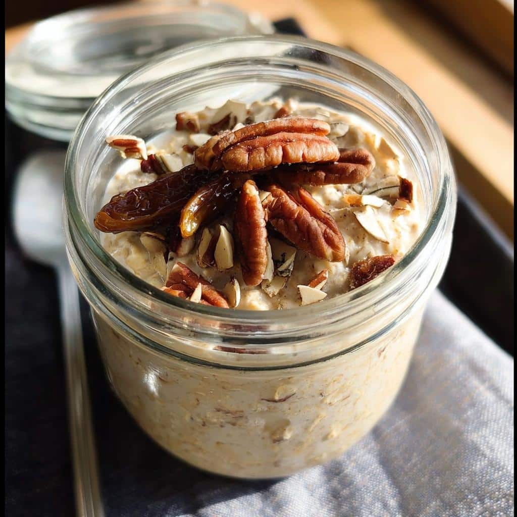 Close-up of Maple Vanilla Overnight Oats in a glass jar, topped with pecans and dried fruit.