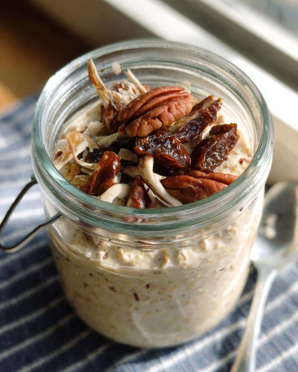 Close-up of Maple Vanilla Overnight Oats in a jar, topped with pecans, dried dates, and coconut flakes.