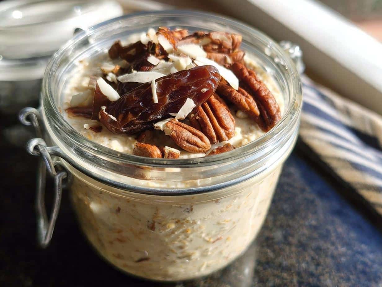 Close-up of Maple Vanilla Overnight Oats in a glass jar, topped with pecans, a date, and almond slivers.