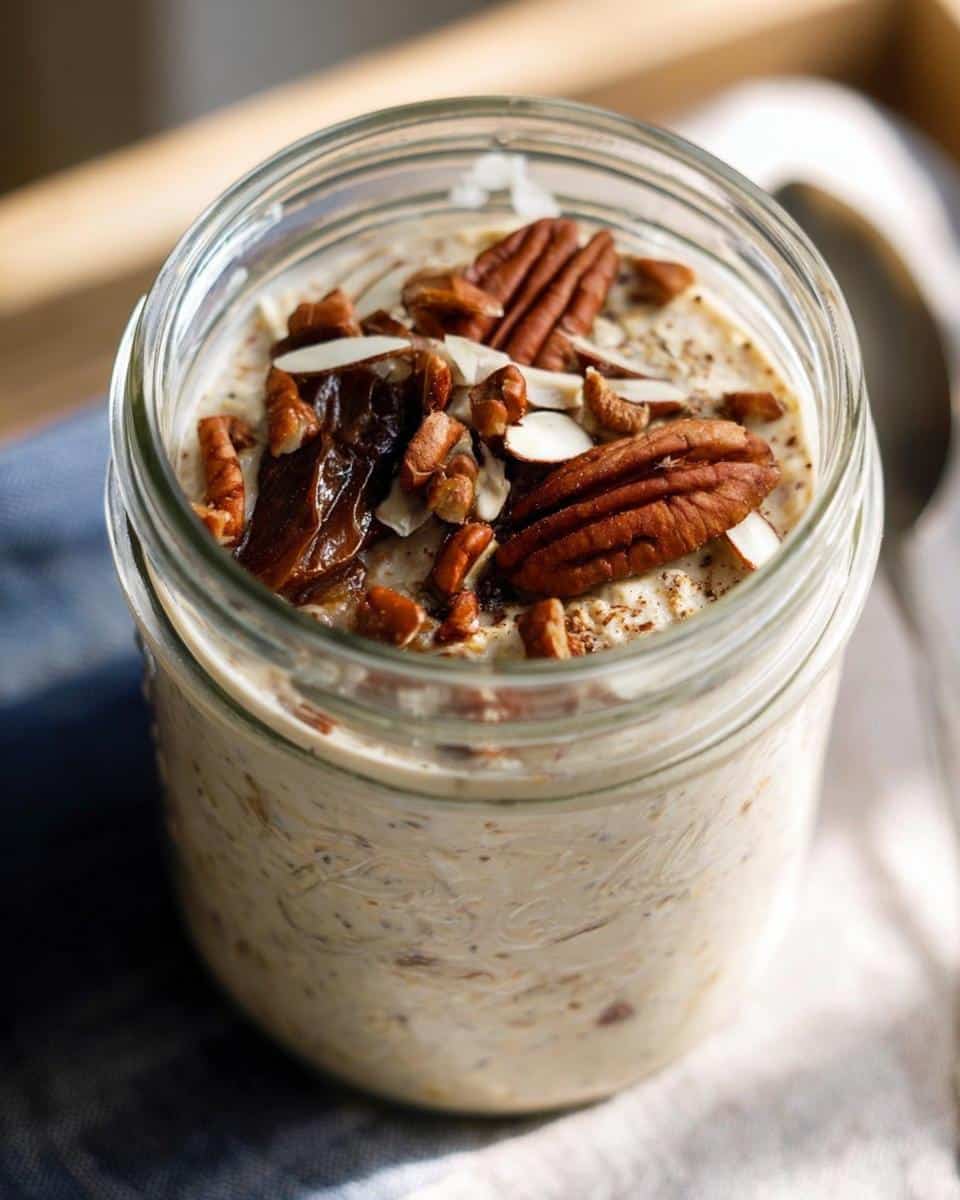 Close-up of Maple Vanilla Overnight Oats in a glass jar, topped with pecans, almonds, and dried fruit.