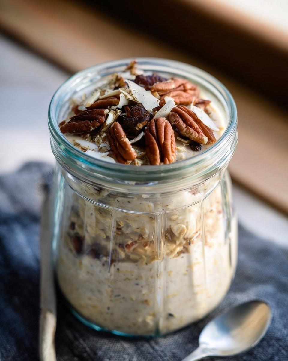 Close-up of Maple Vanilla Overnight Oats in a glass jar topped with pecans and coconut flakes.