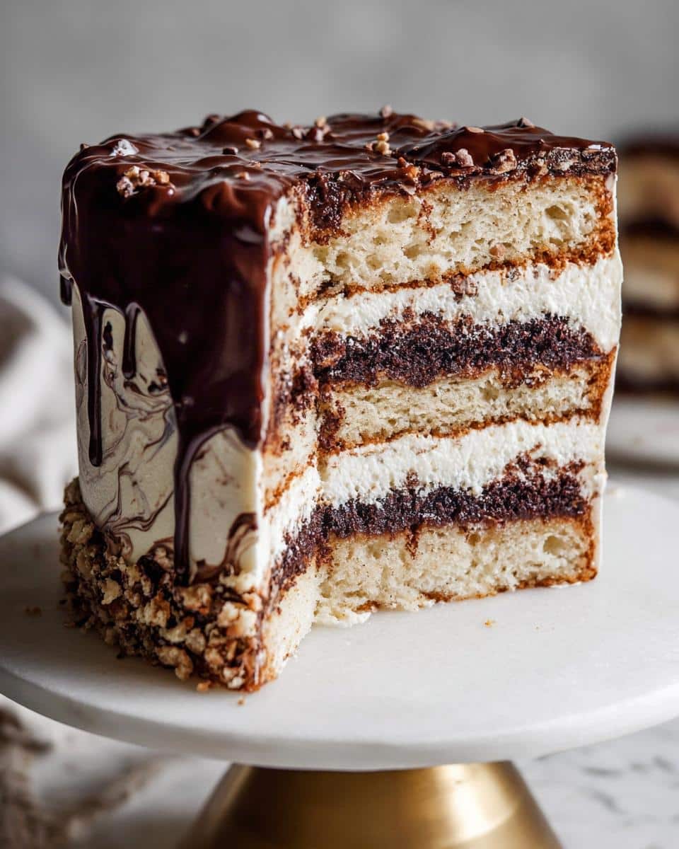 A decadent slice of Marble Buttercream Cake showing layers of vanilla cake, white frosting, and dark chocolate filling, topped with ganache.
