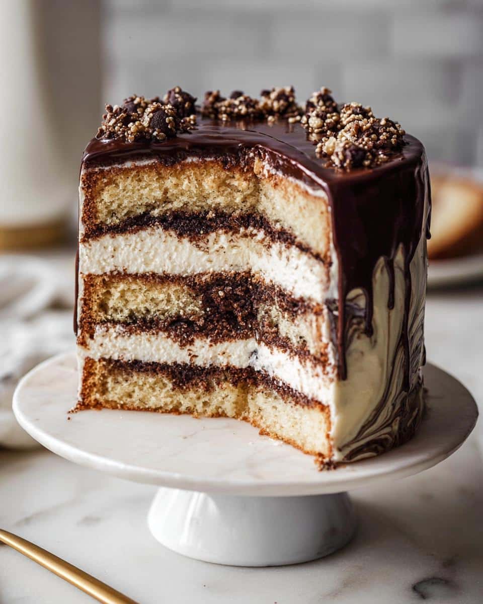 Cross-section view of a stunning Marble Buttercream Cake with alternating vanilla and chocolate layers, white filling, and chocolate ganache drip.