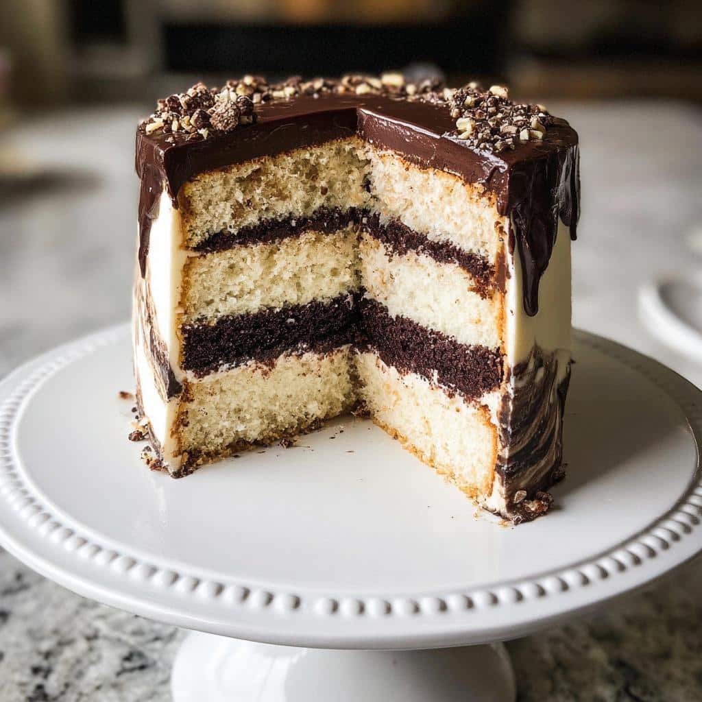 A slice removed from a tall Marble Buttercream Cake showing alternating layers of vanilla and chocolate cake with white frosting and a dark chocolate ganache drip.