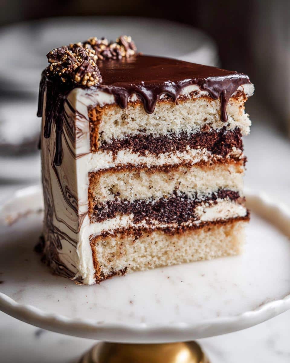 Close-up of a slice of Marble Buttercream Cake showing vanilla and chocolate layers, ganache drip, and gold sprinkles.