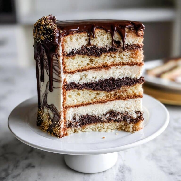 A tall slice of Marble Buttercream Cake showing alternating vanilla and chocolate layers, topped with dark chocolate ganache drip.