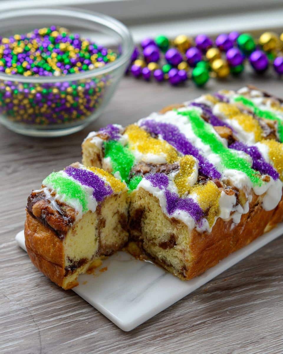 A loaf of Mardi Gras Bread Pudding, sliced open, topped with purple, green, and gold icing and sprinkles.