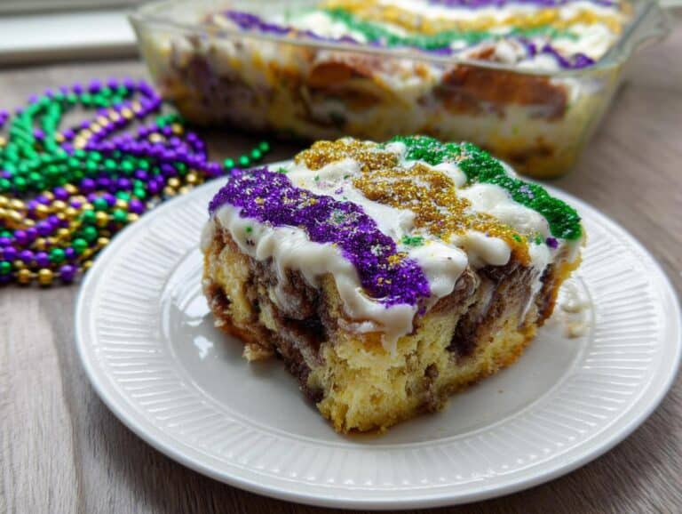 A slice of Mardi Gras Bread Pudding topped with purple, gold, and green icing stripes on a white plate.