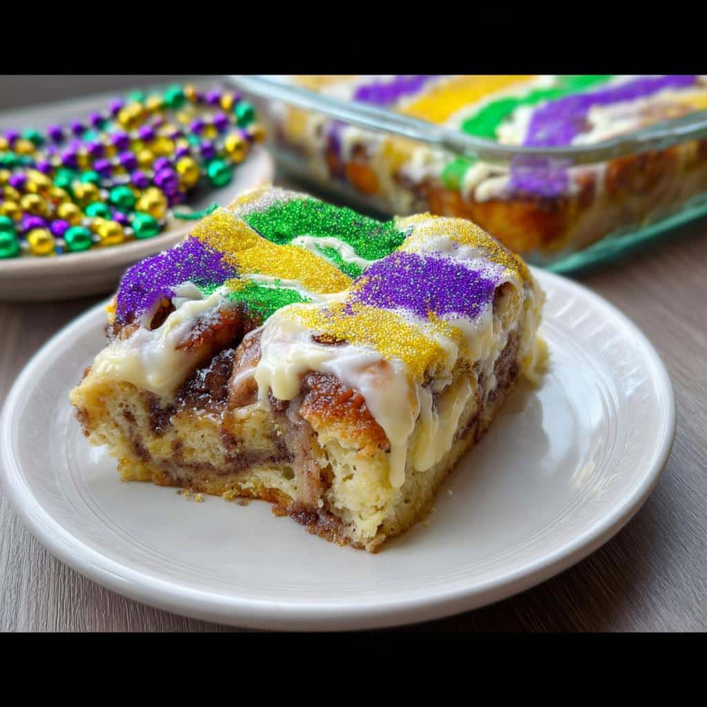 A decadent slice of Mardi Gras Bread Pudding topped with white icing and purple, gold, and green sanding sugar.