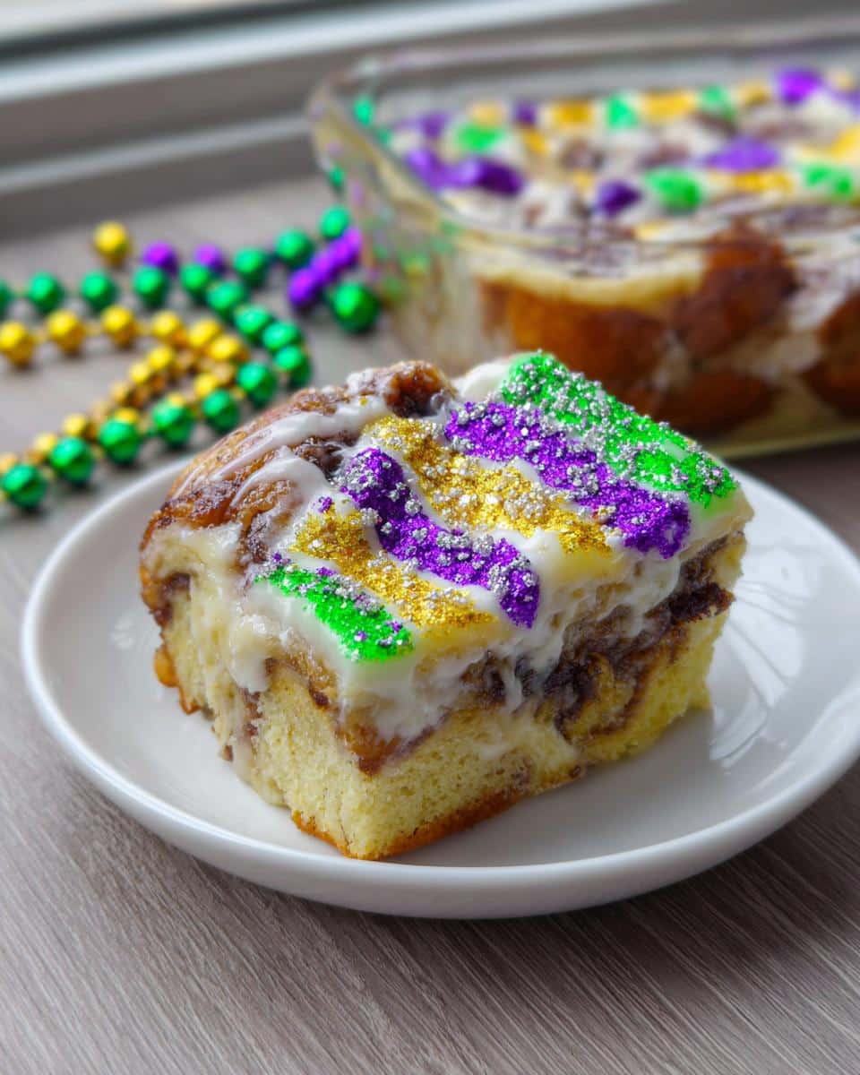 A square slice of Mardi Gras Bread Pudding topped with white icing and green, gold, and purple edible glitter.
