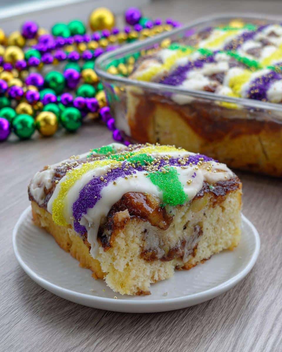A slice of Mardi Gras Bread Pudding topped with purple, green, and yellow icing and sprinkles on a white plate.