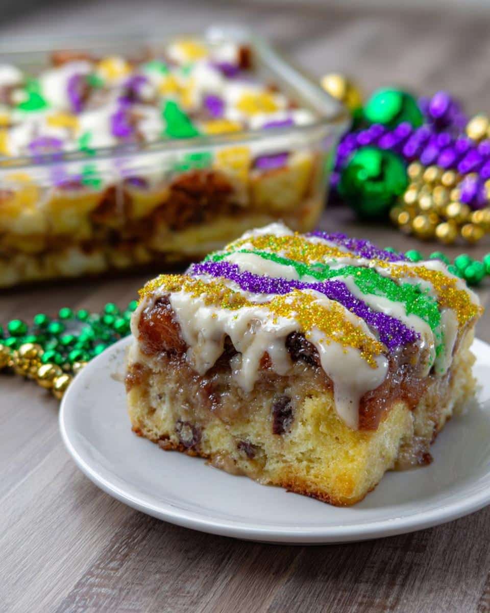 A slice of rich Mardi Gras Bread Pudding topped with white icing and purple, green, and gold sanding sugar.