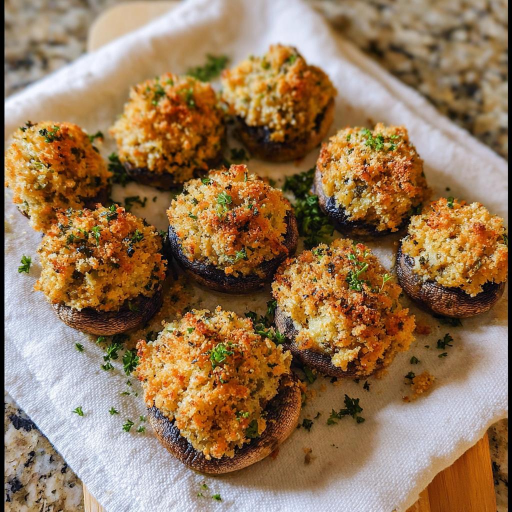 Eight golden brown Mardi Gras Stuffed Mushrooms with crispy breadcrumb topping garnished with parsley.
