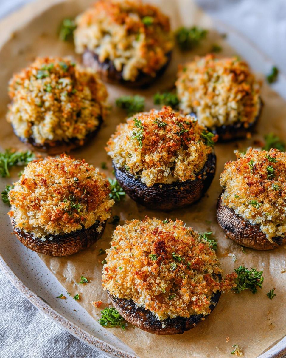 Six golden-brown Mardi Gras Stuffed Mushrooms with a crispy breadcrumb topping, garnished with parsley.