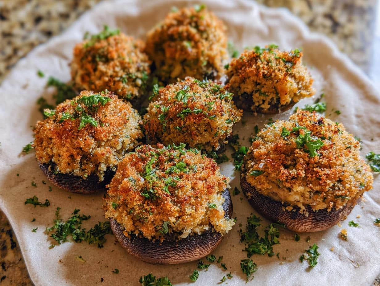 A close-up of six golden brown Mardi Gras Stuffed Mushrooms topped with crispy breadcrumbs and fresh parsley.