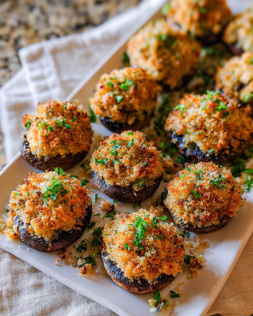Close-up of golden brown Mardi Gras Stuffed Mushrooms topped with breadcrumbs and parsley on a white platter.