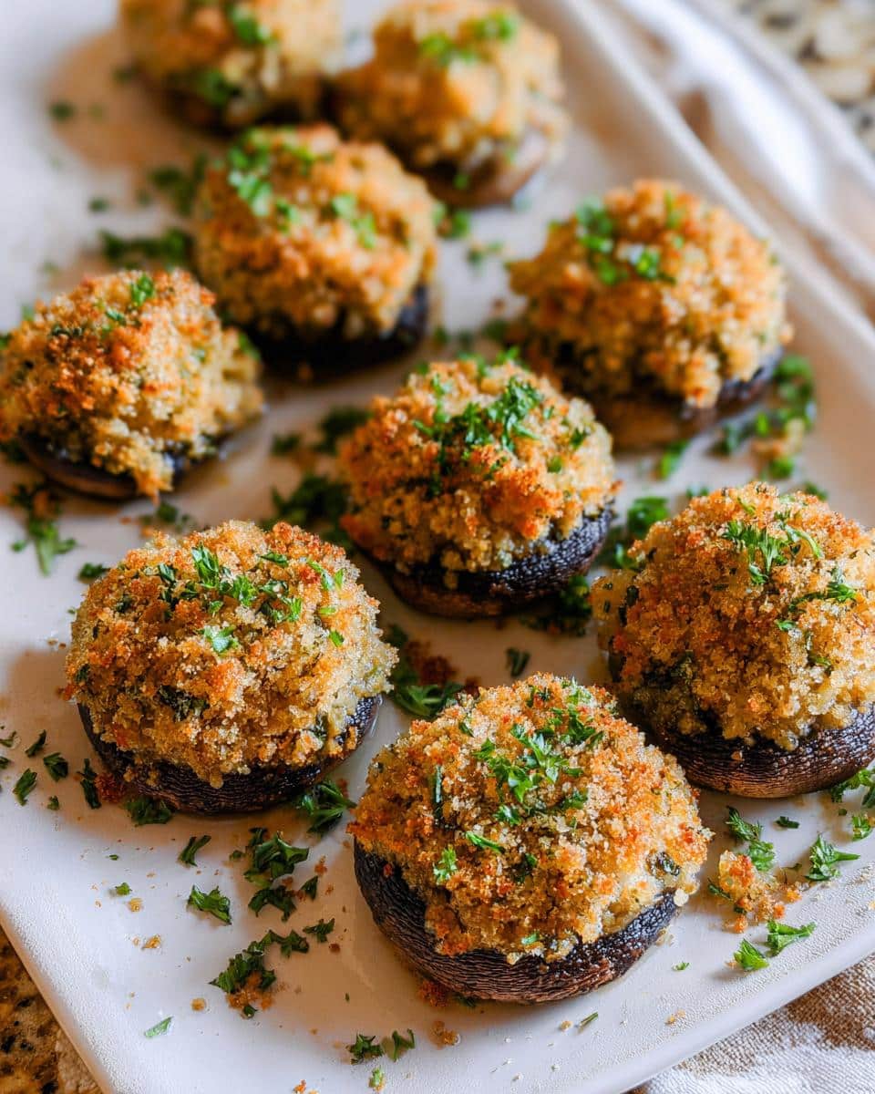 Close-up of several golden-brown Mardi Gras Stuffed Mushrooms topped with breadcrumbs and fresh parsley.