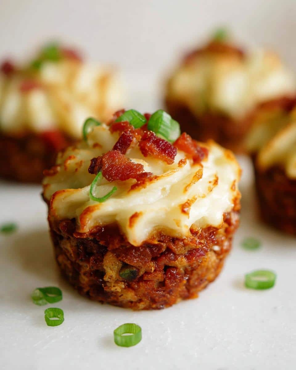 A close-up of one perfectly baked Meatloaf Cupcake topped with piped mashed potatoes, bacon bits, and green onions.
