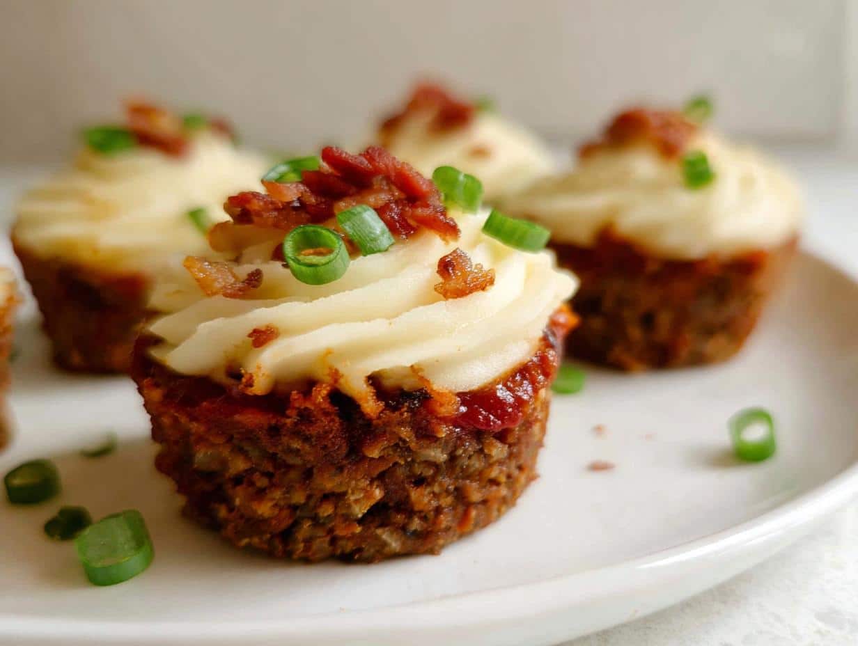 Close-up of a savory Meatloaf Cupcakes topped with piped mashed potatoes, bacon bits, and green onions.