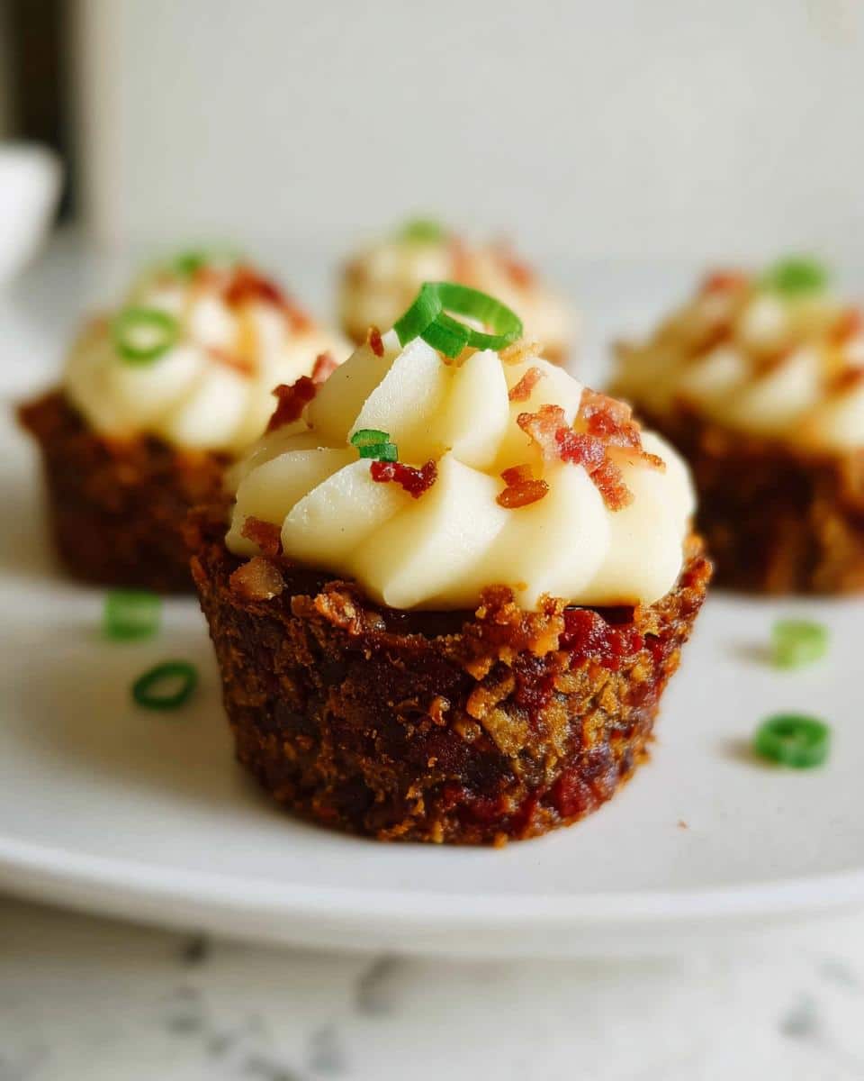 A close-up of one of the amazing Meatloaf Cupcakes topped with piped mashed potatoes, bacon bits, and green onion.