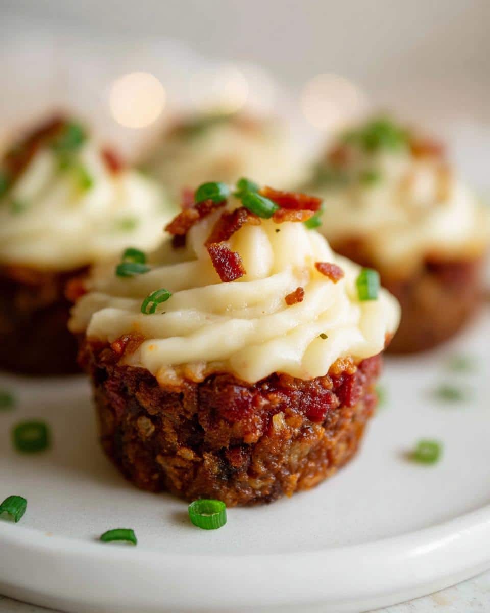 A close-up of one of the amazing Meatloaf Cupcakes, topped with piped mashed potatoes, bacon bits, and chives.