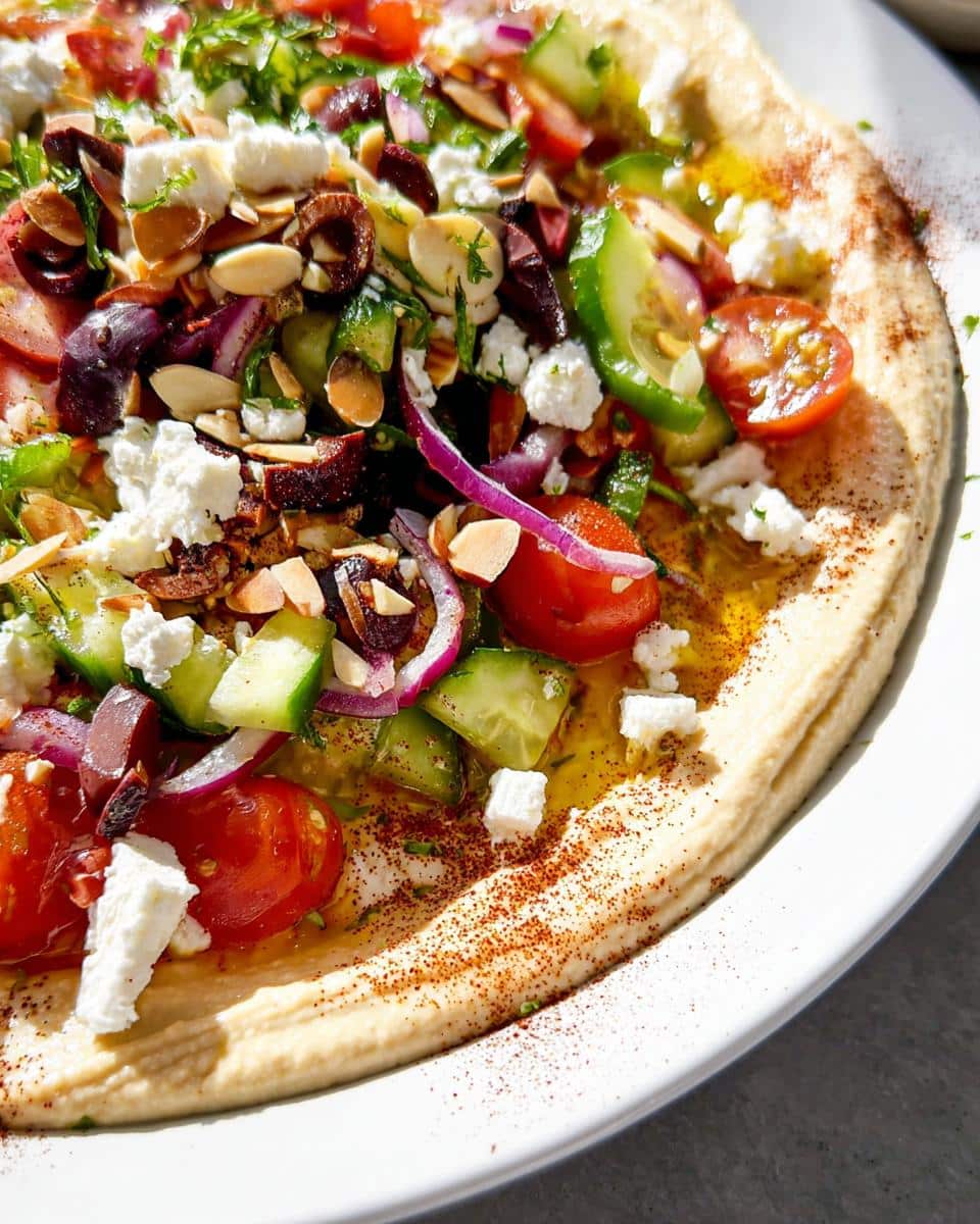 Close-up of a Mediterranean Hummus Lunch Plate topped with feta, olives, tomatoes, cucumbers, and almonds.