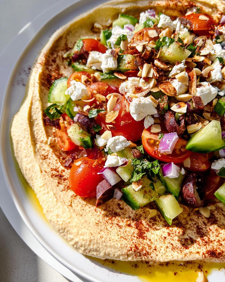 Close-up of a Mediterranean Hummus Lunch Plate topped with feta, cucumbers, tomatoes, almonds, and spices.