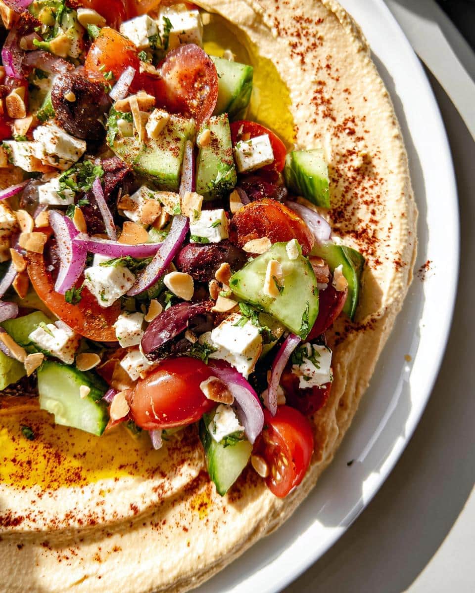Close-up of a Mediterranean Hummus Lunch Plate featuring a generous topping of chopped tomatoes, cucumbers, feta, olives, and red onion.