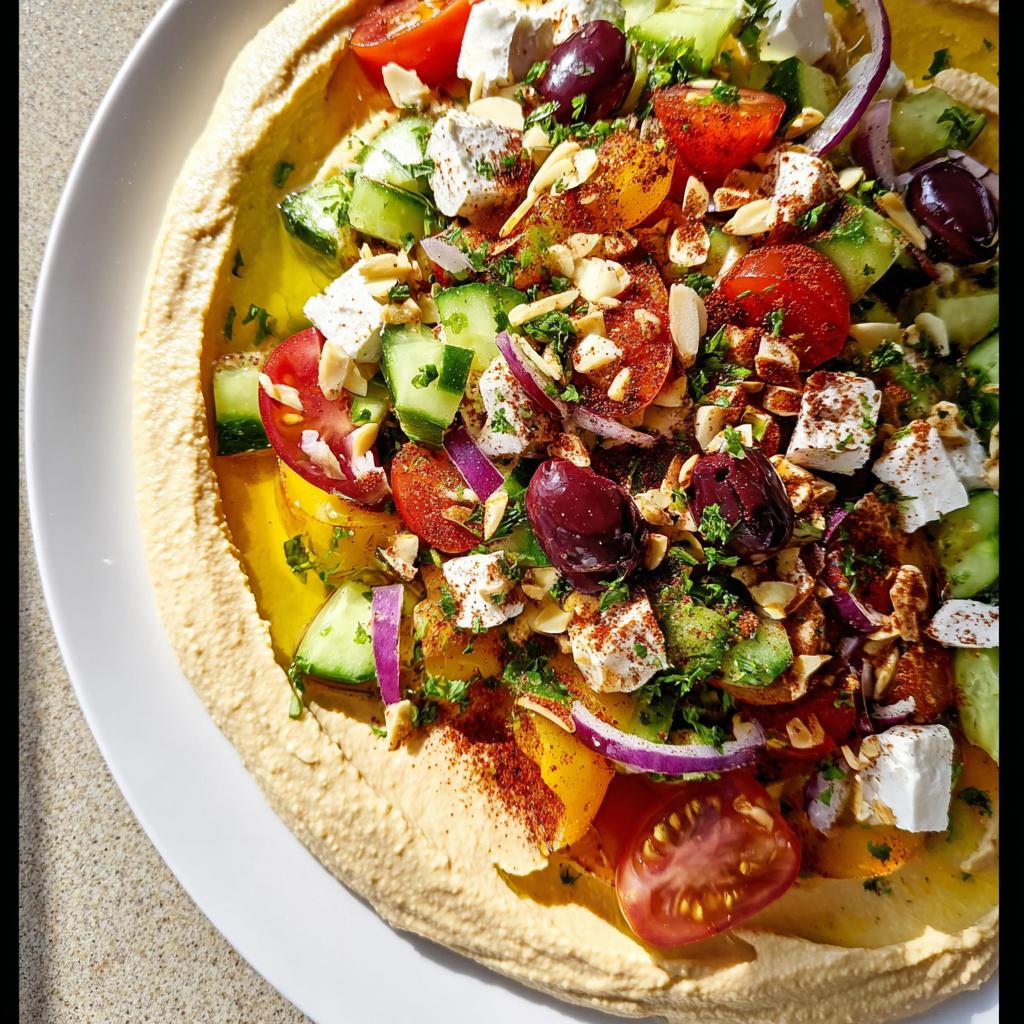 Close-up of a rich Mediterranean hummus lunch plate topped with feta, olives, cucumber, tomatoes, and almonds.