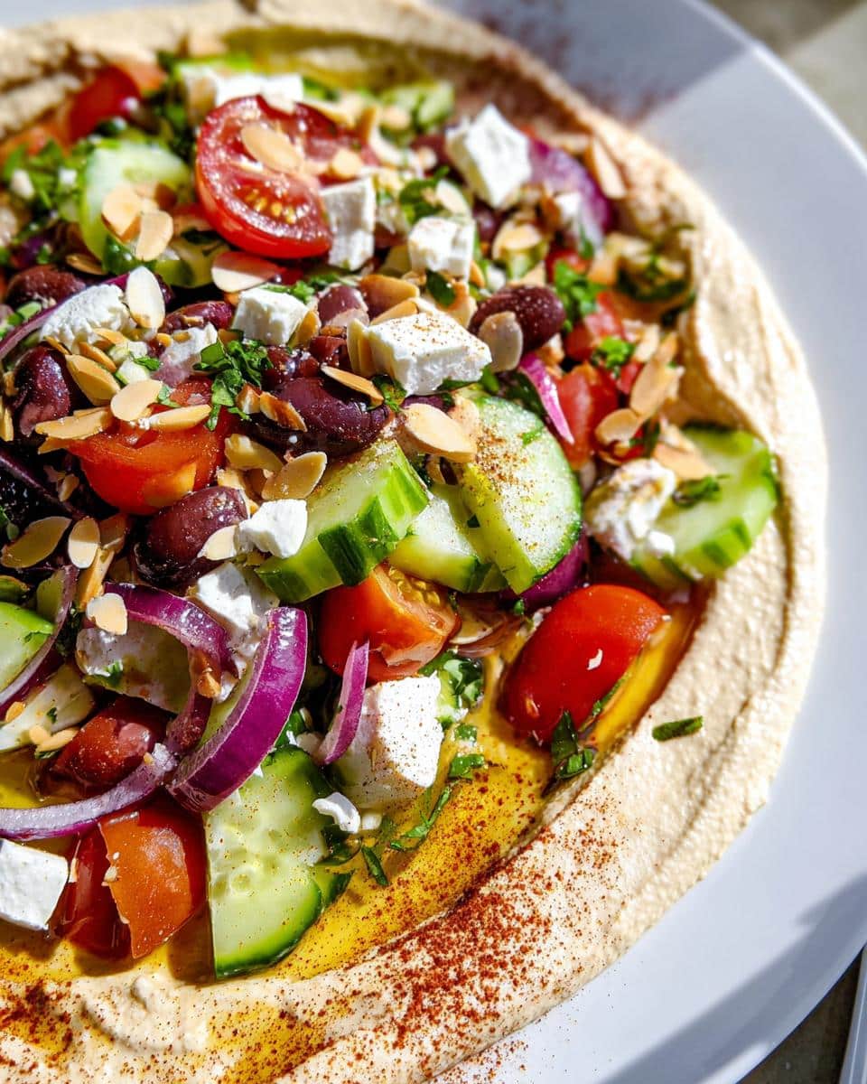 Close-up of a Mediterranean Hummus Lunch Plate topped with cucumber, tomato, feta, olives, and almonds.