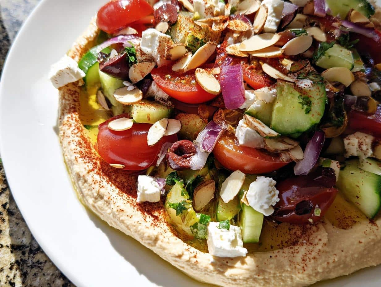 Close-up of a Mediterranean Hummus Lunch Plate featuring hummus topped with tomatoes, cucumbers, feta, olives, and almonds.