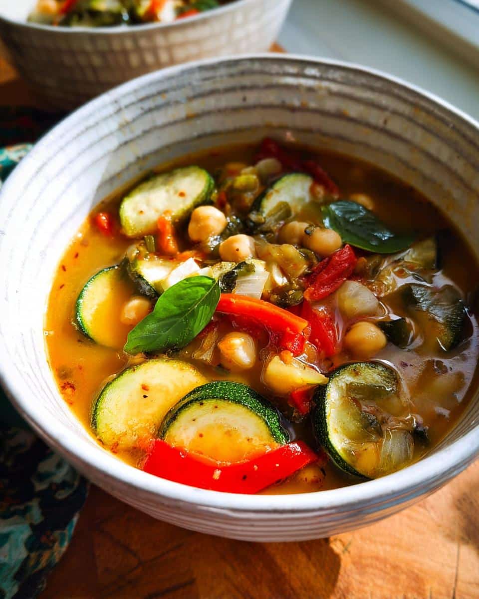 A close-up of a bowl of vibrant Mediterranean Vegetable Soup, featuring zucchini slices, chickpeas, and red peppers.