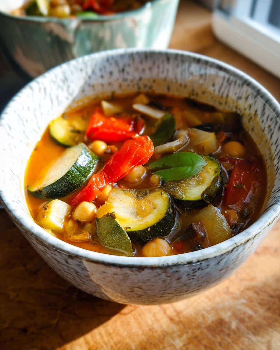 Close-up of a bowl filled with vibrant Mediterranean Vegetable Soup featuring zucchini, red peppers, and chickpeas.