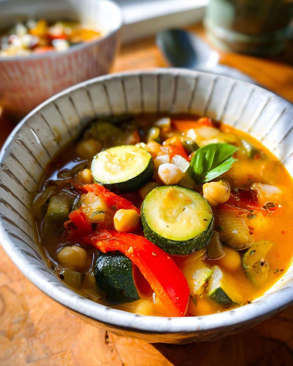 Close-up of a bowl of vibrant Mediterranean Vegetable Soup featuring zucchini, chickpeas, and red peppers.