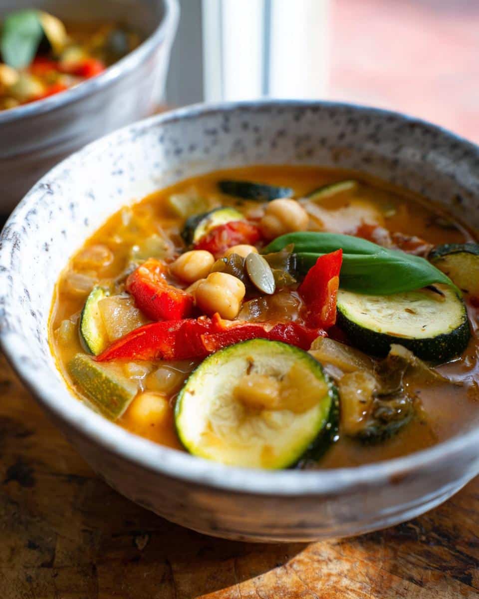 Close-up of Mediterranean Vegetable Soup featuring zucchini, chickpeas, and red pepper in a speckled bowl.