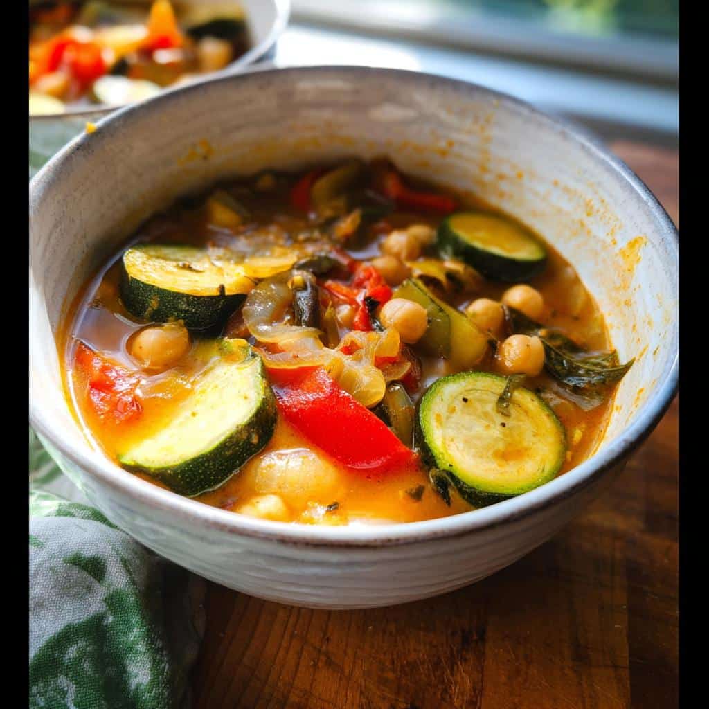 Close-up of a bowl filled with vibrant Mediterranean Vegetable Soup featuring zucchini, chickpeas, and red peppers.