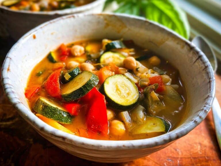 Close-up of a rustic bowl filled with vibrant Mediterranean Vegetable Soup featuring zucchini, red peppers, and chickpeas.